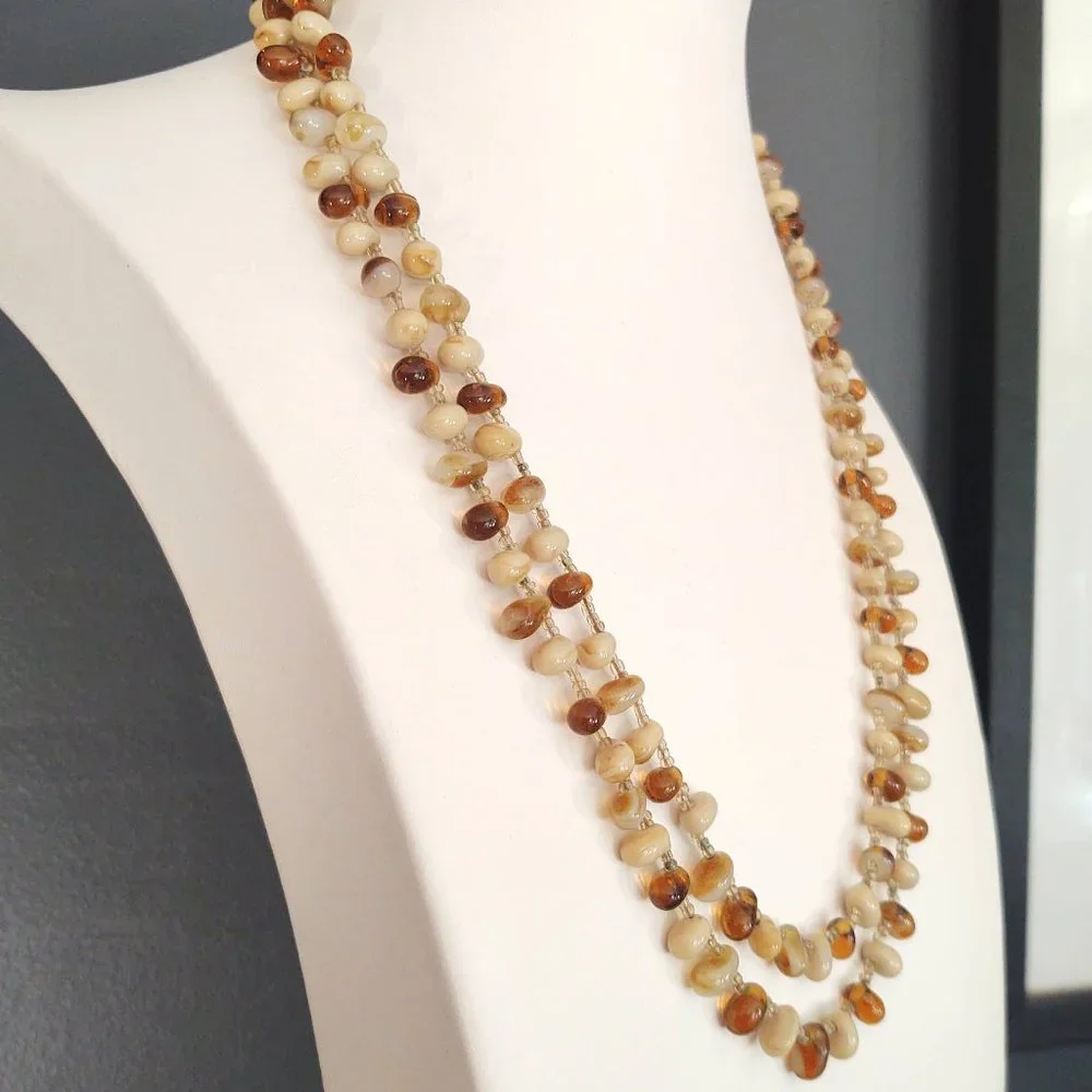 Honey, amber, beige, cream and cognac glass beaded necklace w/seed bead …